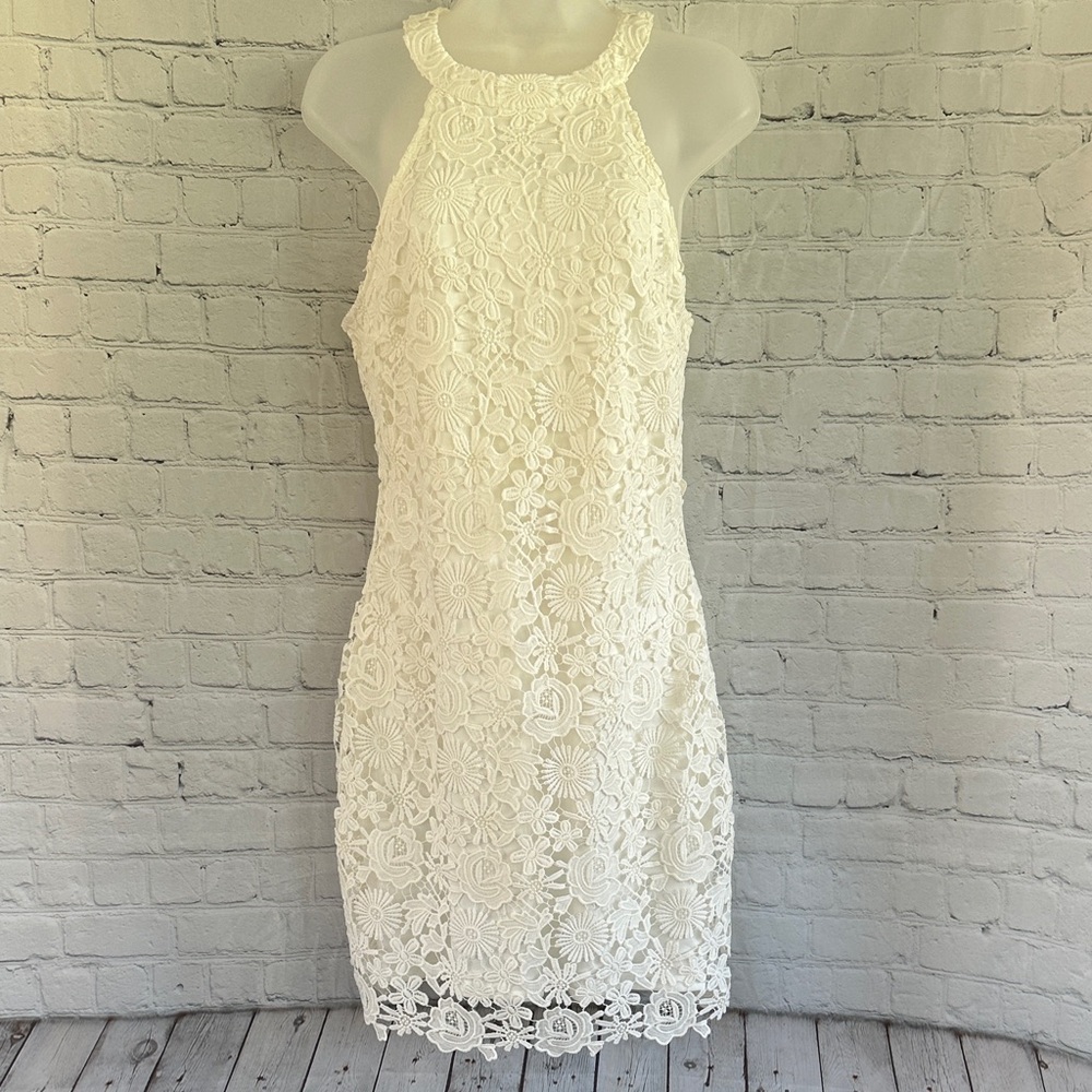 Lulu's White Lace Halter Sheath Dress